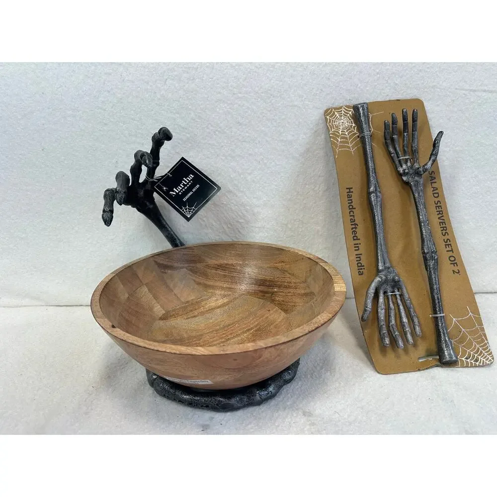 Martha Stewart Collection Halloween Skeleton Wood Bowl & Metal Skeleton Serve